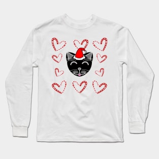 Happy Cat Candy Cane Hearts (Black Cat) Long Sleeve T-Shirt